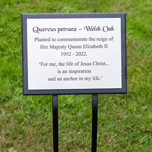 Backing board mounted on metal plate with two stakes. Engraved Plaque On Corian Backing Board.