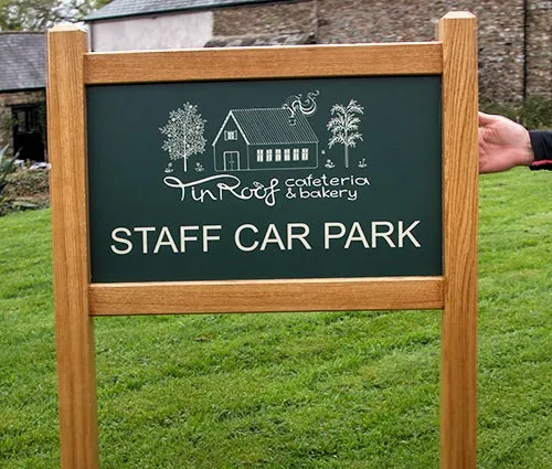 Sign with aluminium composite panel and printed design. Oak Framed Sign for Staff Car Park