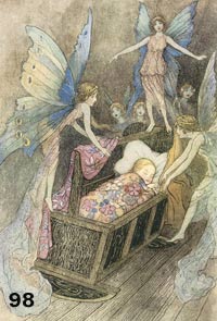 Fairies over baby in crib