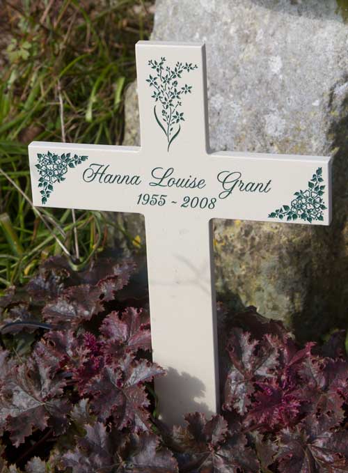Engraved memorial cross made from corian