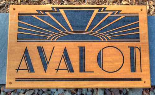 Art Deco style wooden sign made in Opepe timber