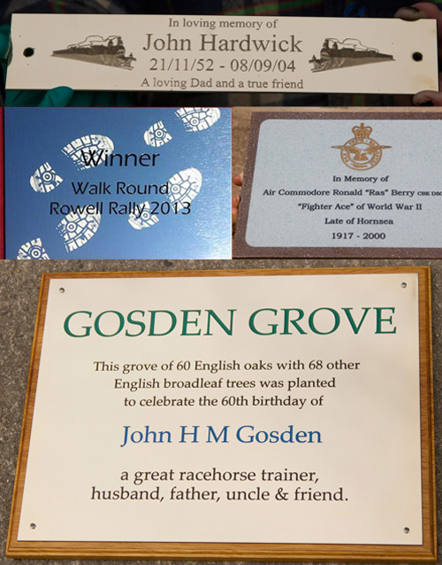 Lots of engraved plaques in a variety of materials