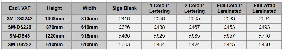 These prices exclude VAT Fibreglass Sign Prices