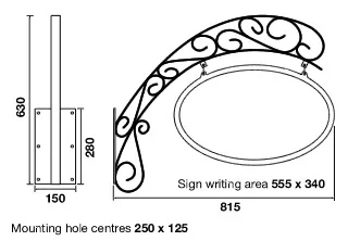 Line drawing of parisian hanging sign with dimensions