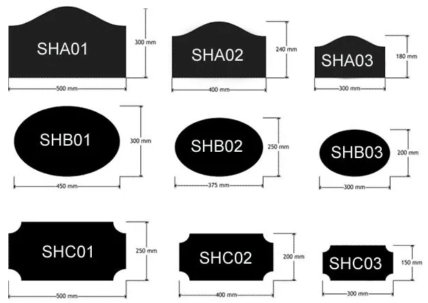 Diagram illustrating available sizes for shaped house signs
