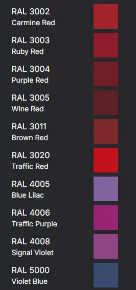 title here RAL Colours - Reds, Browns and Purples