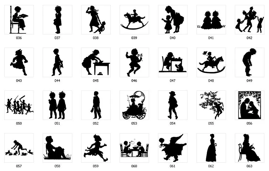 Vintage sihouette images of children, child playing, child climbing trees, child reading. child learning