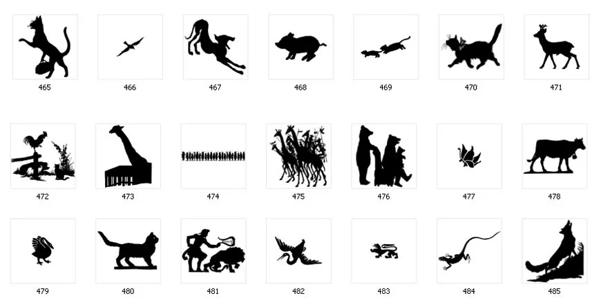 Animal silhouette images, cat, deer, cow, wolf