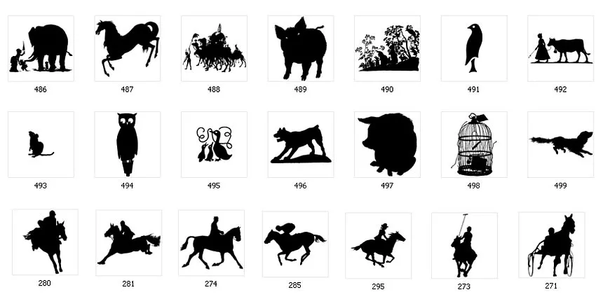 Animal silhouette images, owl, horse, pig, mouse