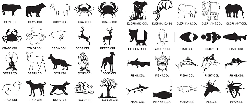 Selection of animal images cow, crab, deer, dog, elephant, fish