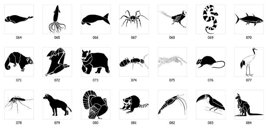Stencil silhouette images of various animals. Spider, snake, toucan