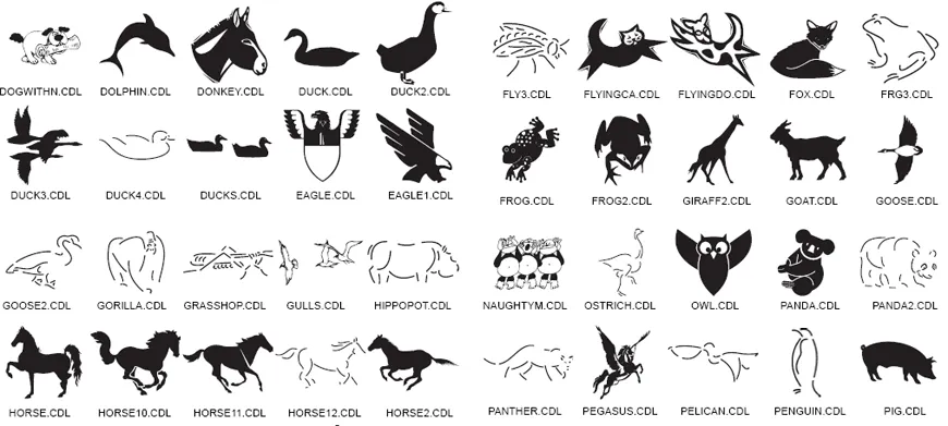 Animal images. Dog, dolphin, donkey, duck, eagle, frog, fly, giraffe, horse, penguin, panda, pig