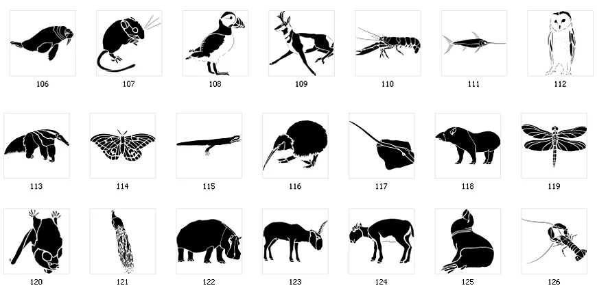 Stencil silhouette images of various animals including puffin, mouse, barn owl