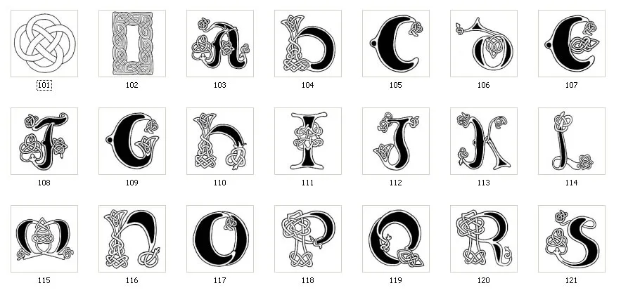 A selection of Celtic letters featuring Celtic knots