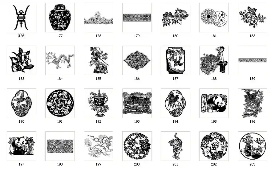 A selection of Chinese images, vase, dragon, bird, flower, plant