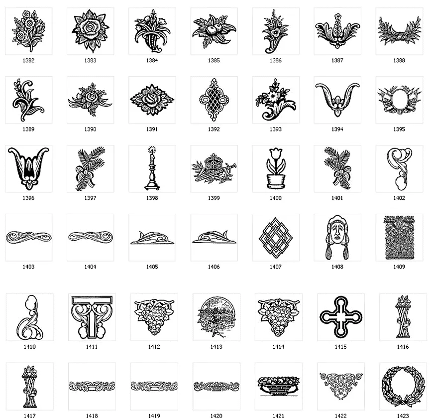 Decorative design elements, scroll, candle, crown and sceptre