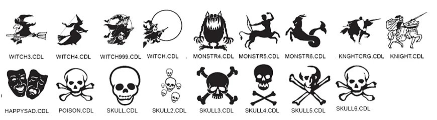 A collection of various fantasy images including witches, witch on broomstick, skull and crossbones, knights and monsters