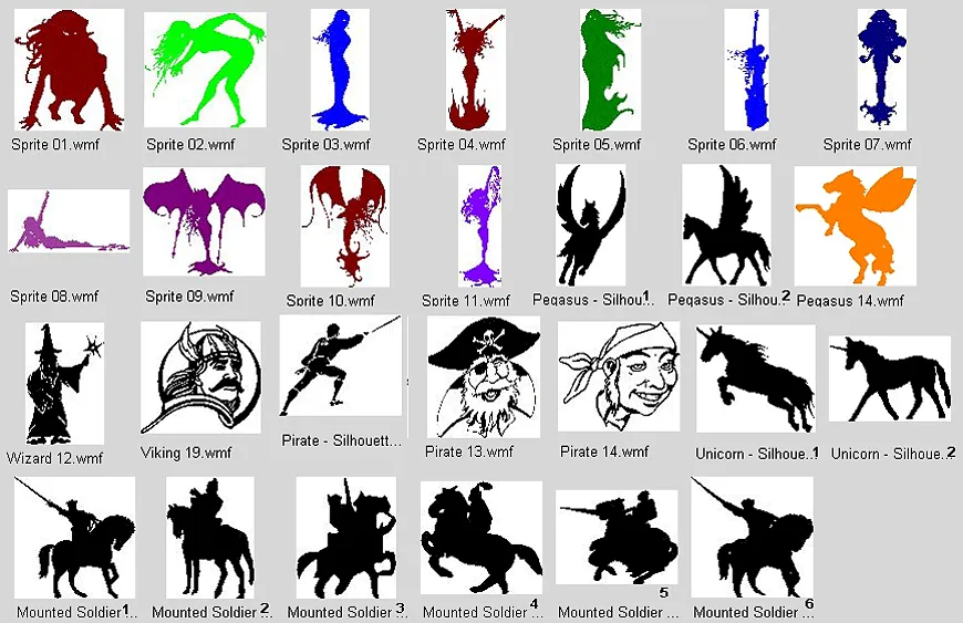 A selection of fantasy designs including sprites, knights, unicorn, pirate