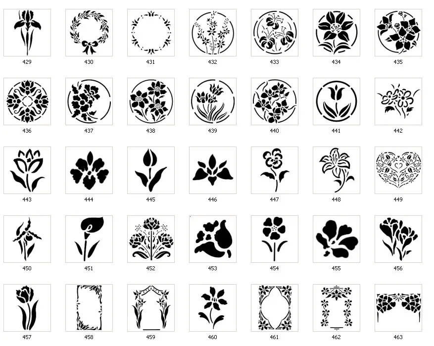 Floral stencil images, round designs, flowers, frames. corners, borders