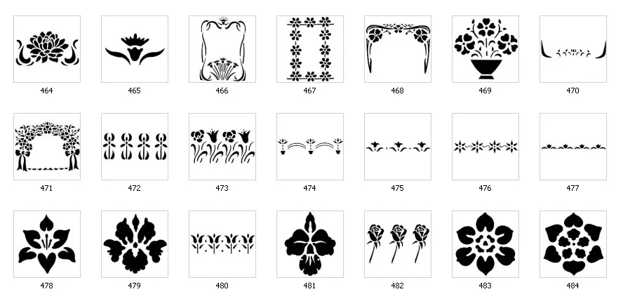 Floral stencil designs, rows of flowers, frames. corners, borders