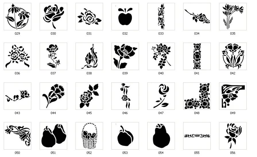decorative flower and fruit stencils, apple, pear, rose