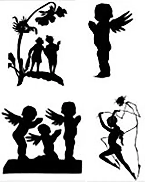 A range of cherub images, both silhouette and line drawings. Also some witches and fairies. Cherub Images