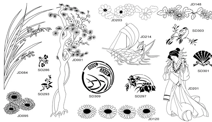 A selection of Japanese images, plants, flowers, bird, costume