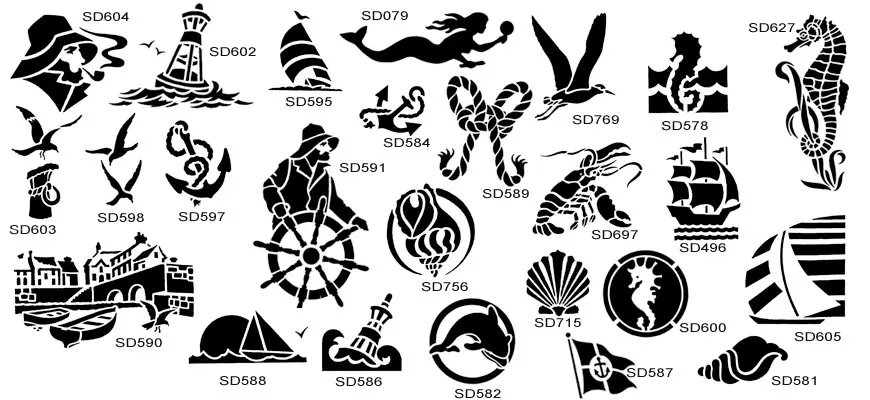 Maritime images, anchor, buoy, seagull, mermaid, rope, boat