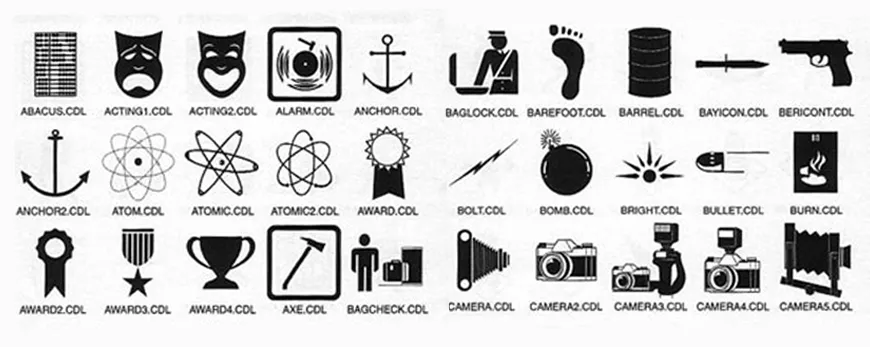 Miscellaneous images, including theatrical masks, anchor, rosette, awards, trophy, camera