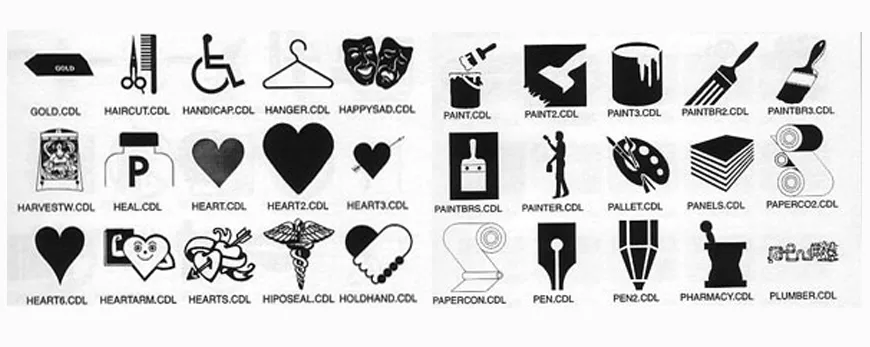 Miscellaneous images inclding heart, gold, paint brush, paint pot, theatrical masks