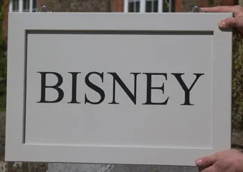 title here Wood house sign painted in Farrow and Ball Purbeck Stone