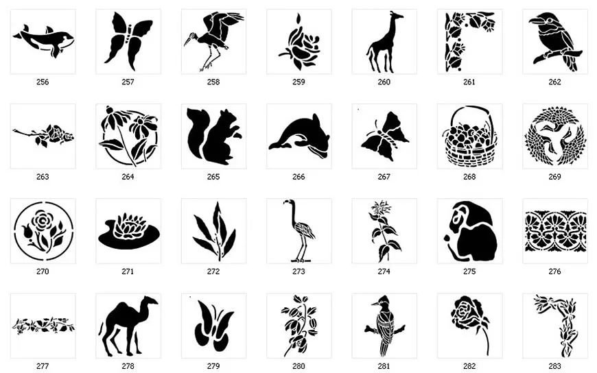 Nature stencil designs. Floral designs, borders, flowers, squirrel, camel, whale