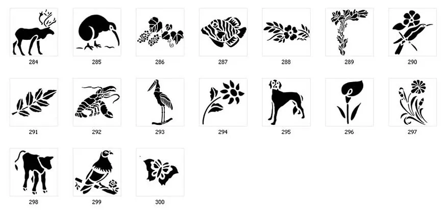 Nature stencil designs. Flowers, animals, birds