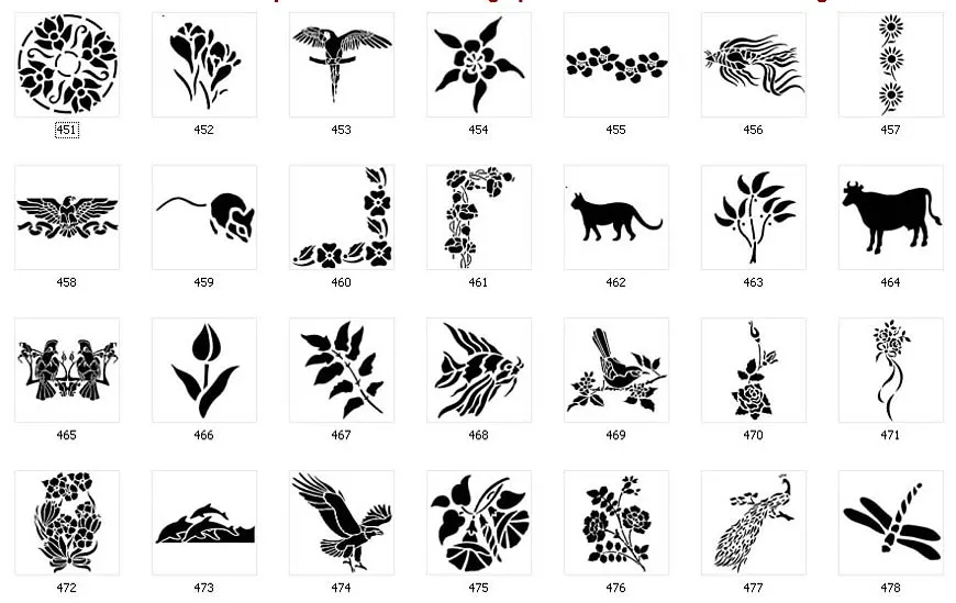 Nature stencil designs. Floral designs, peacock, mouse, cat, cow