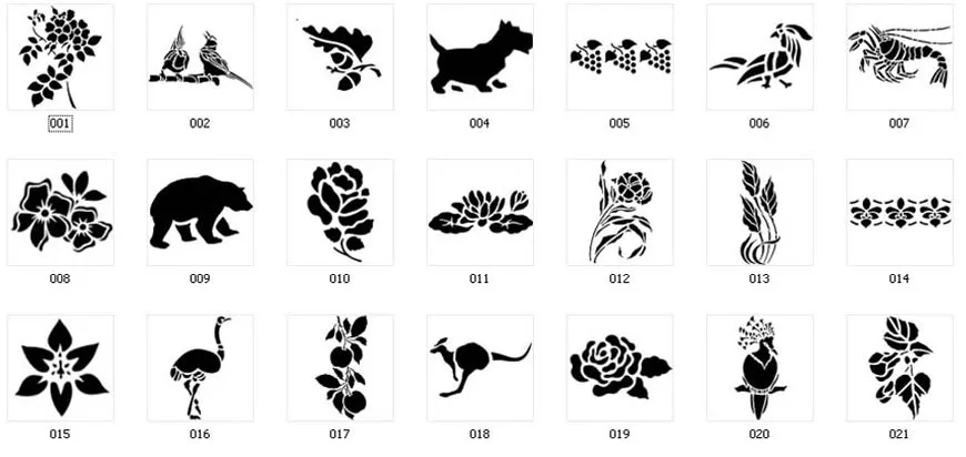 Nature stencil designs. Flowers, kangaroo, emu, bear, scottie dog