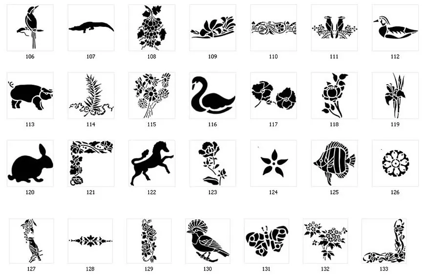 Nature stencil designs. Floral designs, borders, flowers, kingfisher, rabbit, pig, crocodile