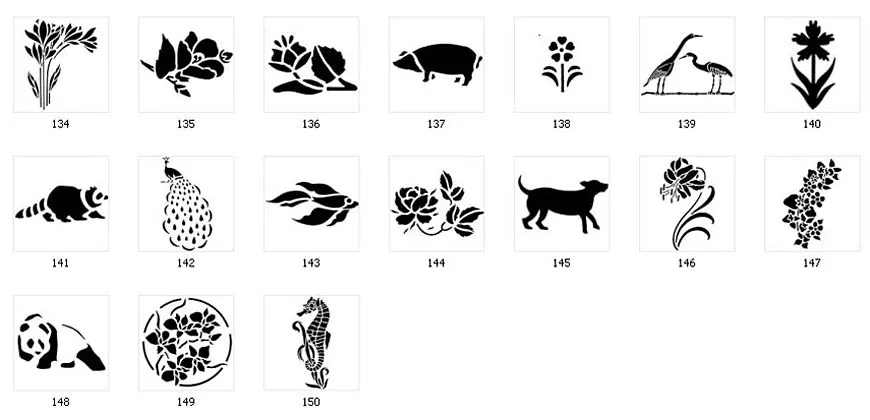 Nature stencil designs. Floral designs, borders, flowers, cranes, pig ,racoon, panda