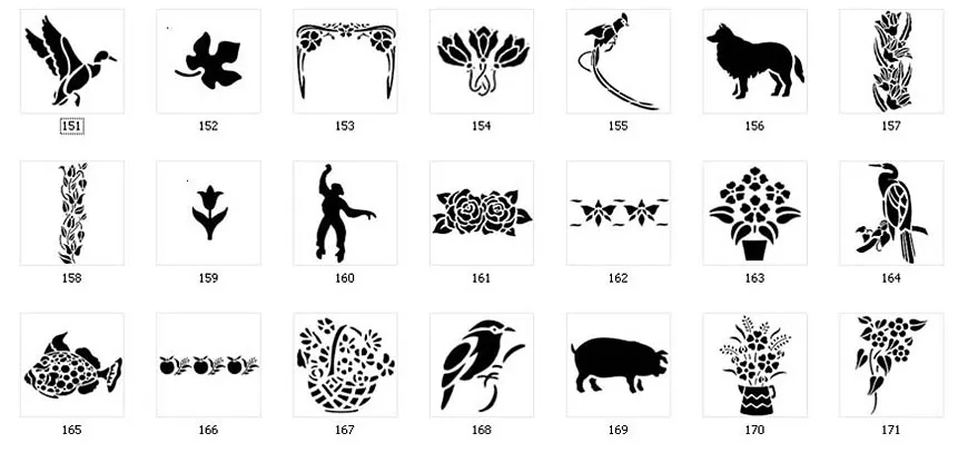 Nature stencil designs. Floral designs, borders, birds, animals