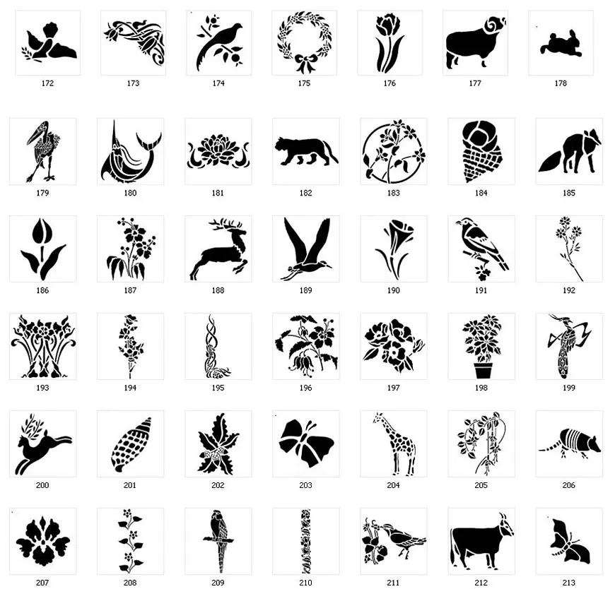 Nature stencil designs. Floral designs, borders, reindeer, shell, giraffe, armadillo