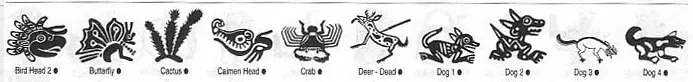 A selection of Meso Deko tribal symbols, dog, deer