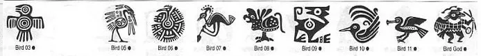 A selection of Meso Deko tribal symbols, bird, god