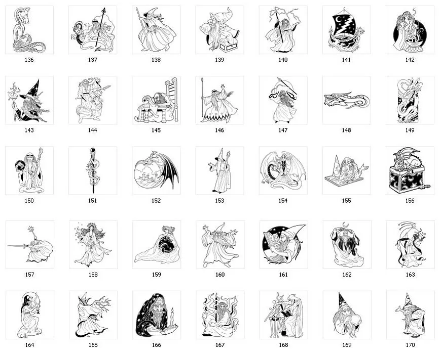 A selection of wizard and dragon designs