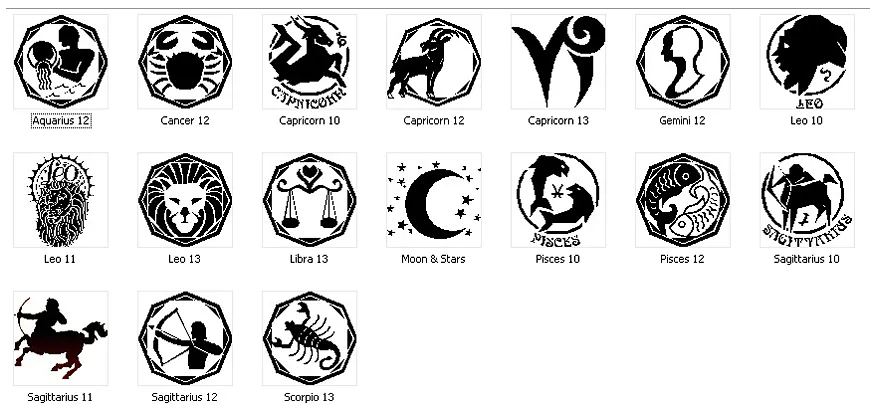 Zodiac and star sign symbols and designs