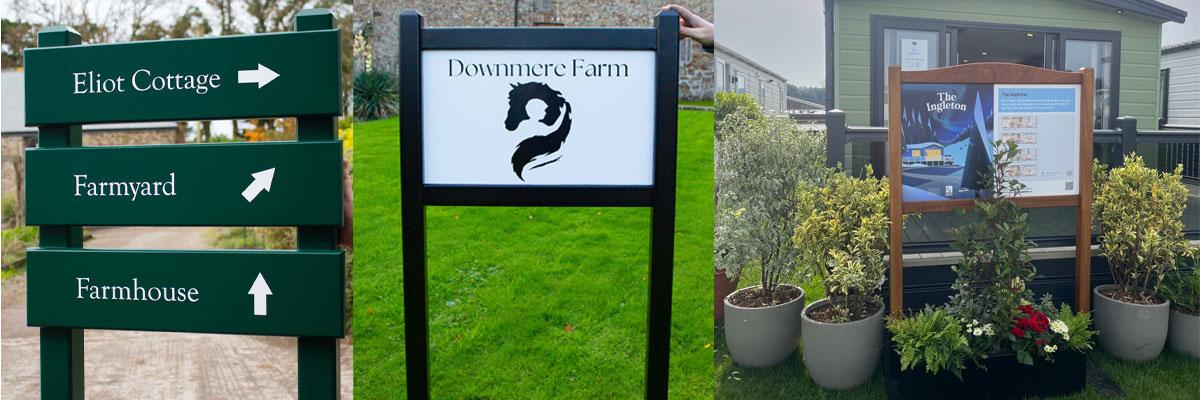 Entrance signs in a range of materials including wood, metal and stone for businesses sites.