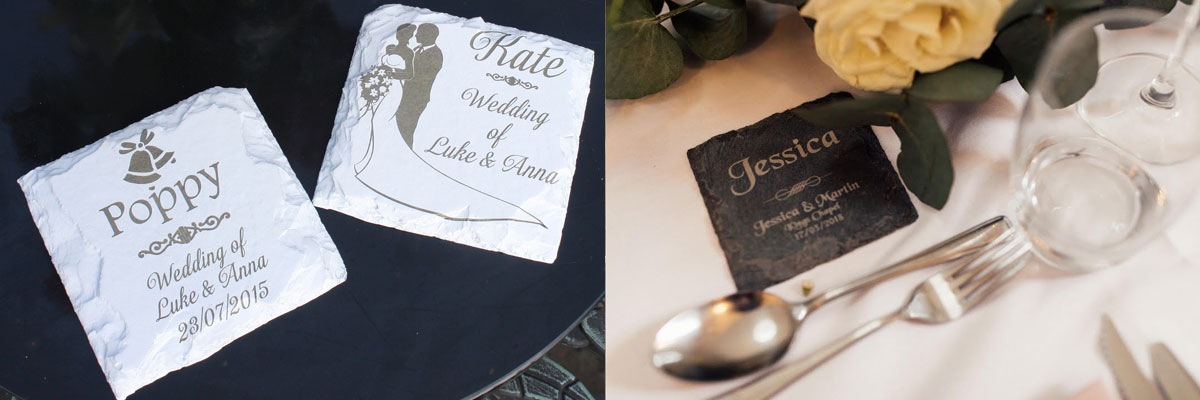 Unique Wedding Favours, slate coasters with personalised messages.
