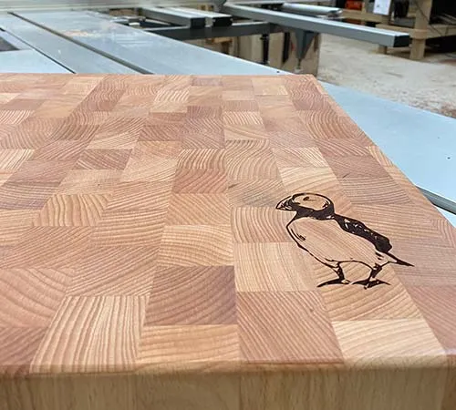 Puffin Engraving on Butchers Block