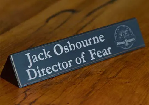 Plaque was fixed oak base Black Aluminium Desk Sign