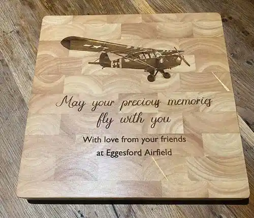 The background was blasted away leaving the lettering raised Engraved End Grain Chopping Board