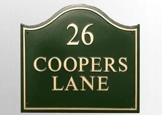 title here Large dome top cast house sign with number