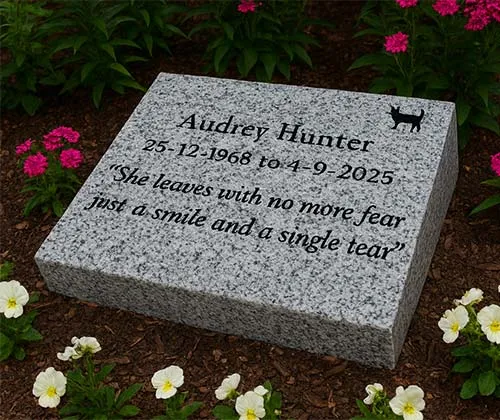 Celtic grey wedges with black engraved text. Granite Memorial Wedge